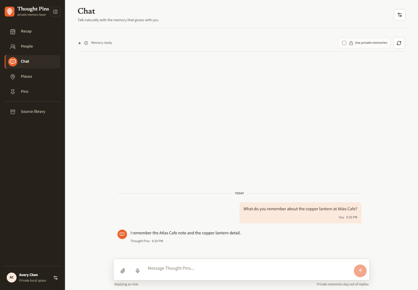 Thought Pins desktop chat with its memory navigation, private-recall control, and conversation composer