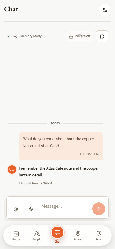 Thought Pins mobile chat with the same private-recall state, navigation icons, and composer as the web app
